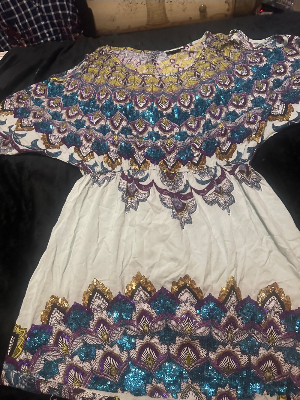 ANGIE Dress SS Light Blue Exquisite Teal & Purple Sequin Embroidery Rayon SMALL
